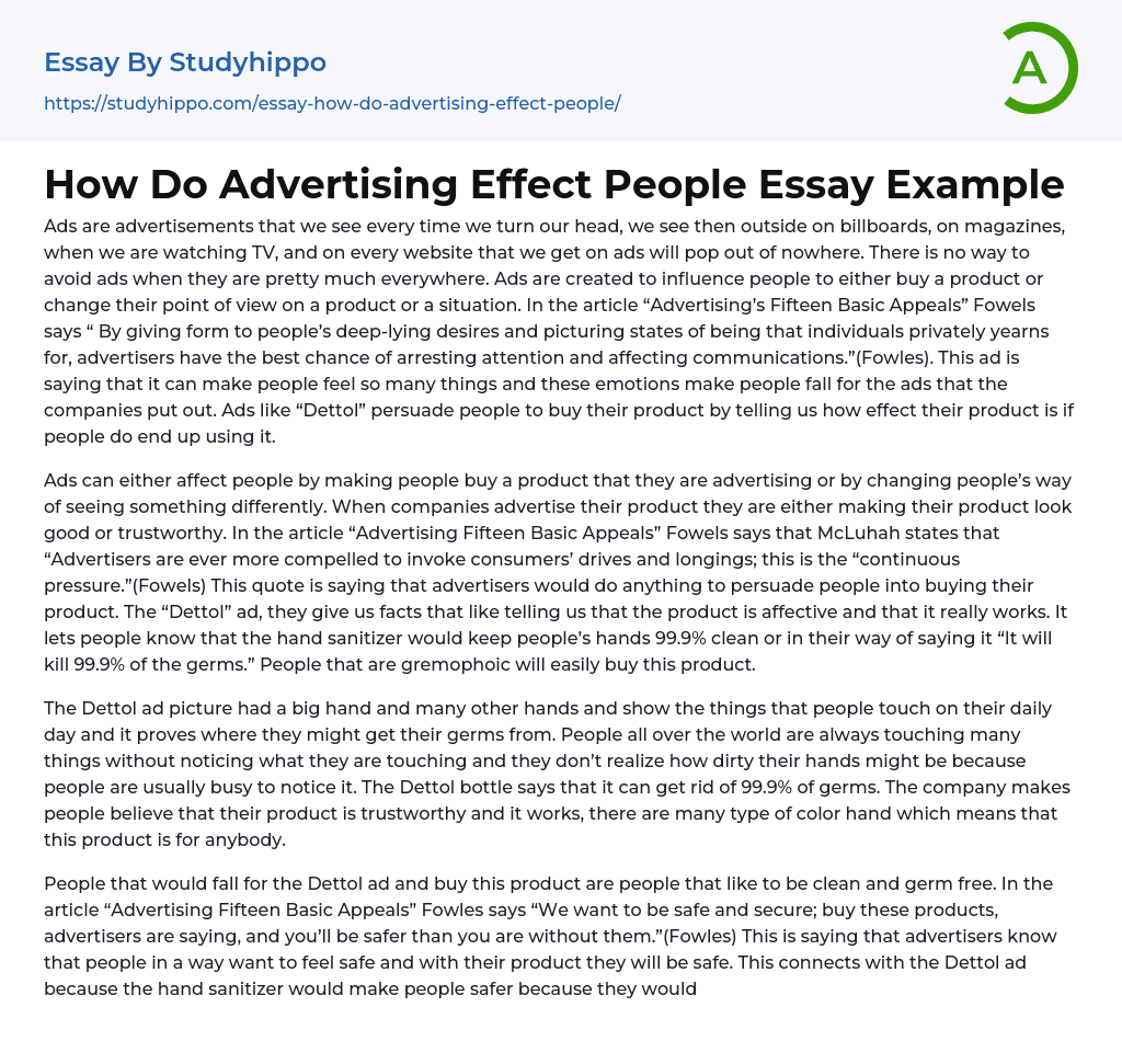 How Do Advertising Effect People Essay Example
