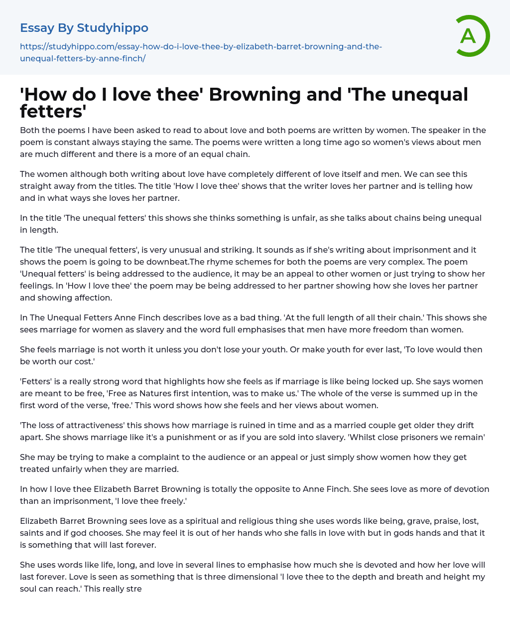 How do I love thee’ Browning and ‘The unequal fetters’ Essay Example