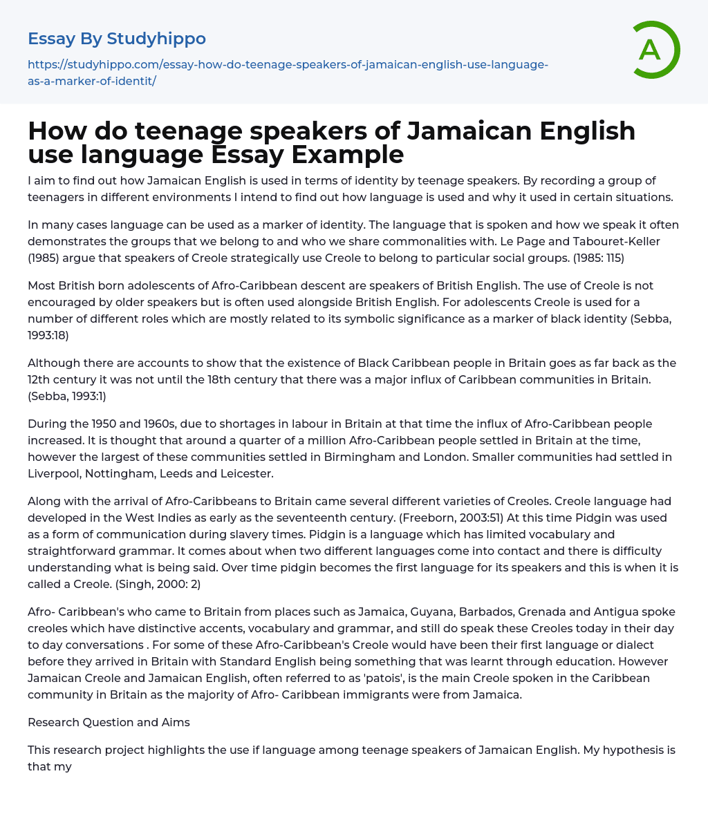 How do teenage speakers of Jamaican English use language Essay Example