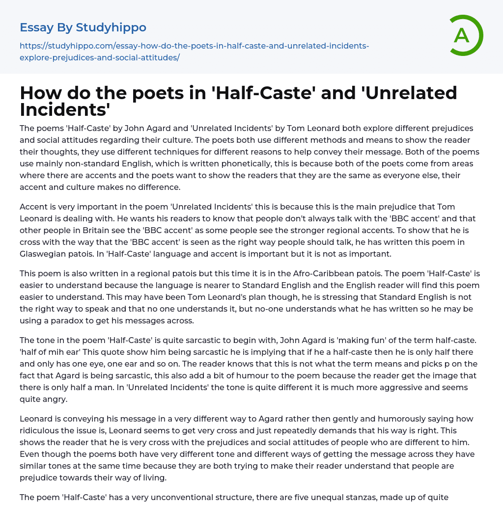 How do the poets in ‘Half-Caste’ and ‘Unrelated Incidents’ Essay Example