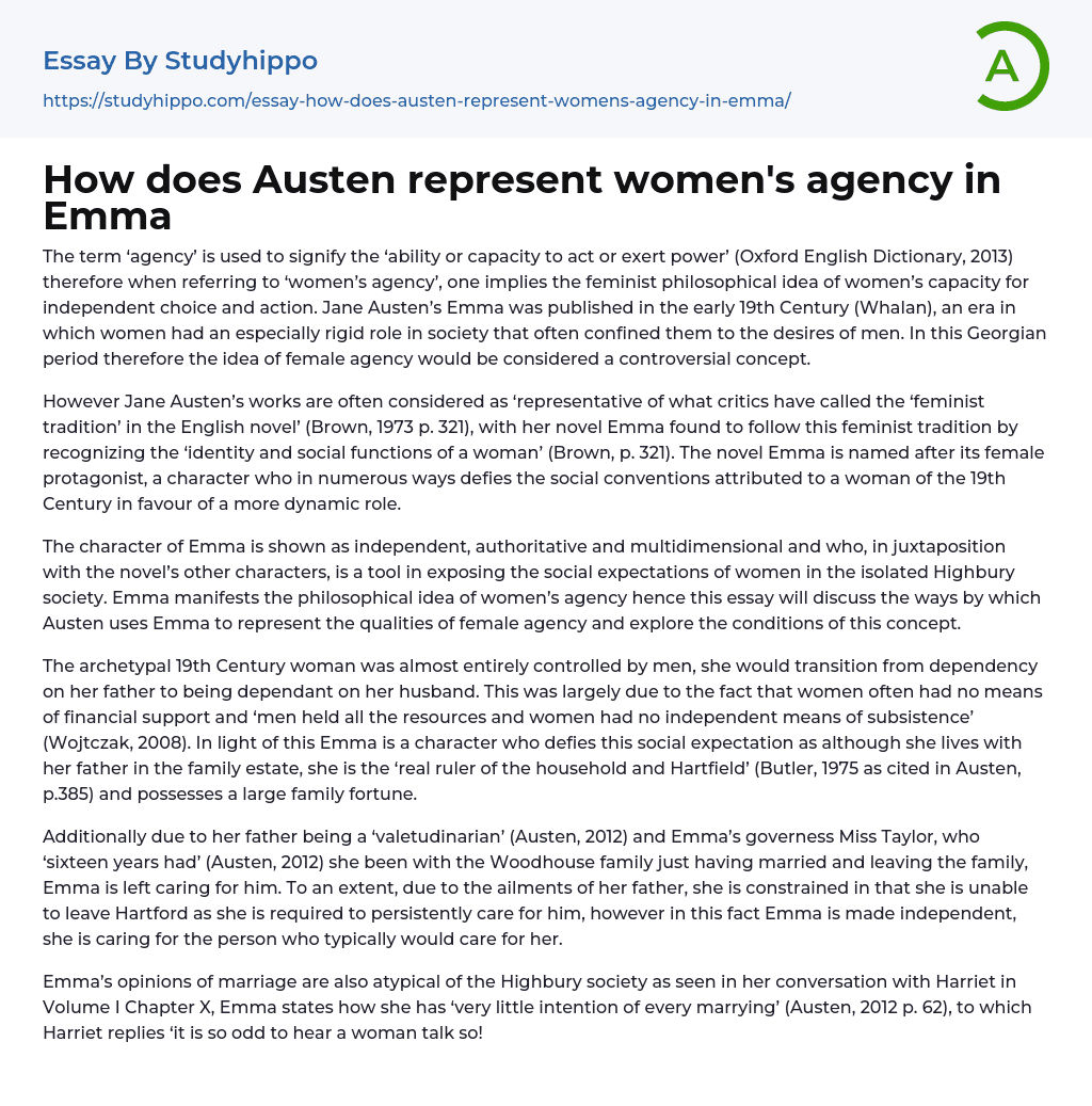 How does Austen represent women’s agency in Emma Essay Example