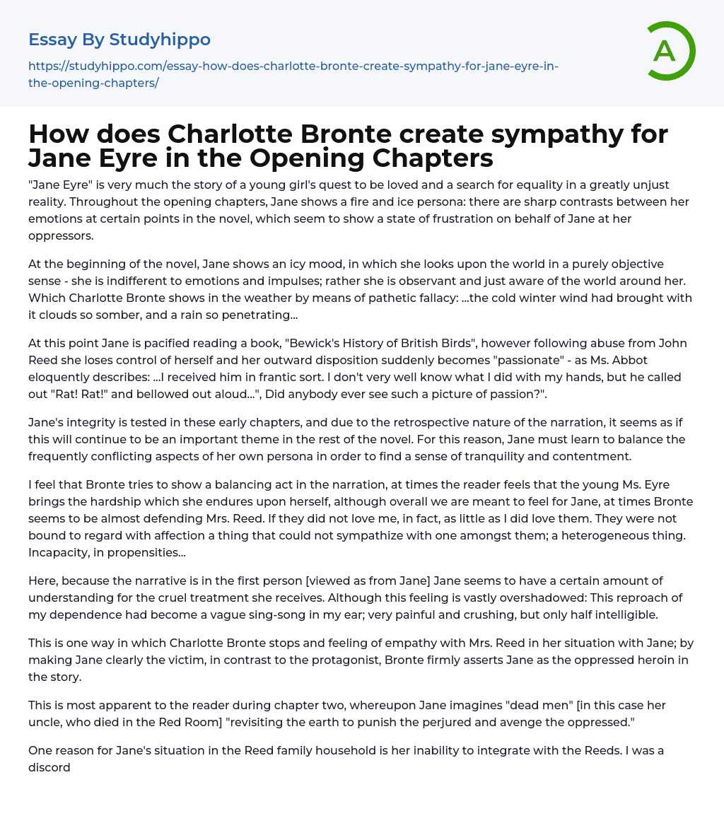 How does Charlotte Bronte create sympathy for Jane Eyre in the Opening Chapters Essay Example