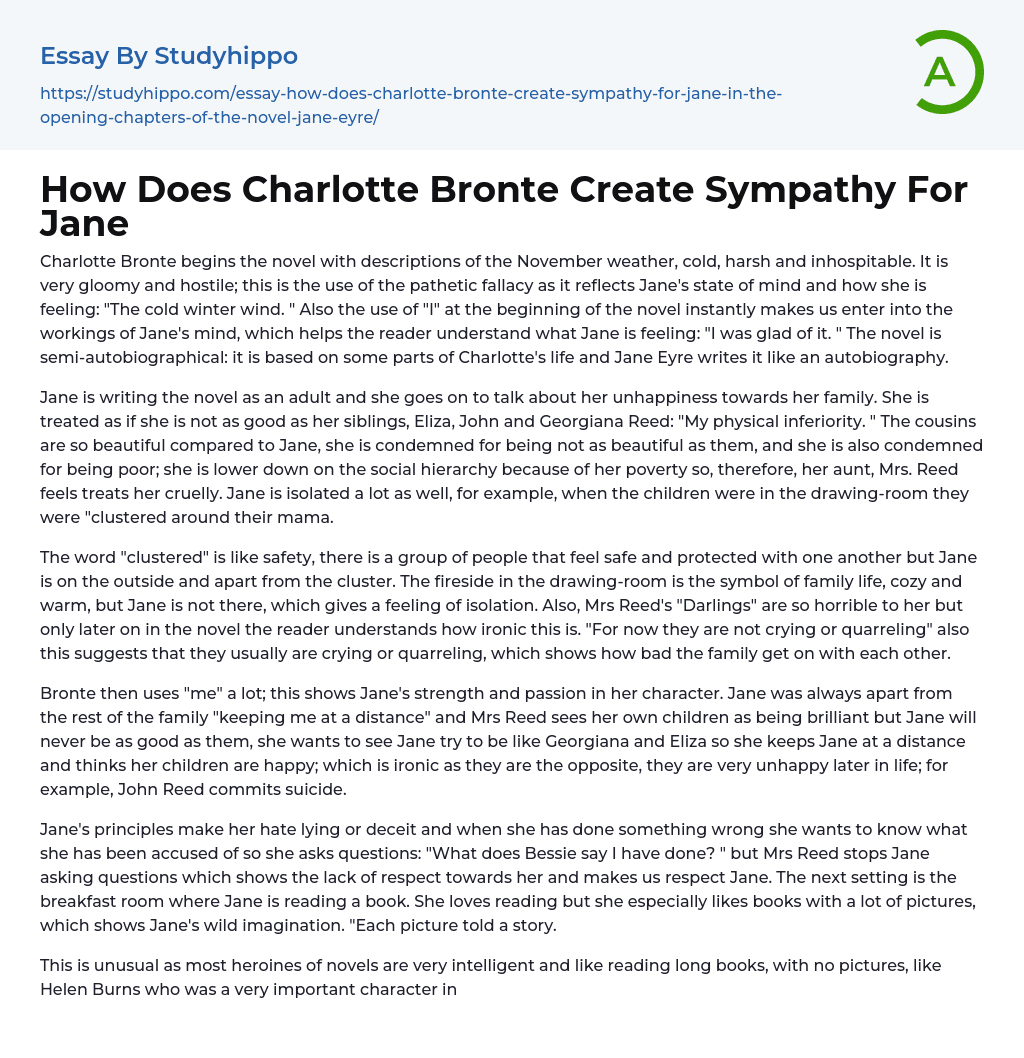 How Does Charlotte Bronte Create Sympathy For Jane Essay Example