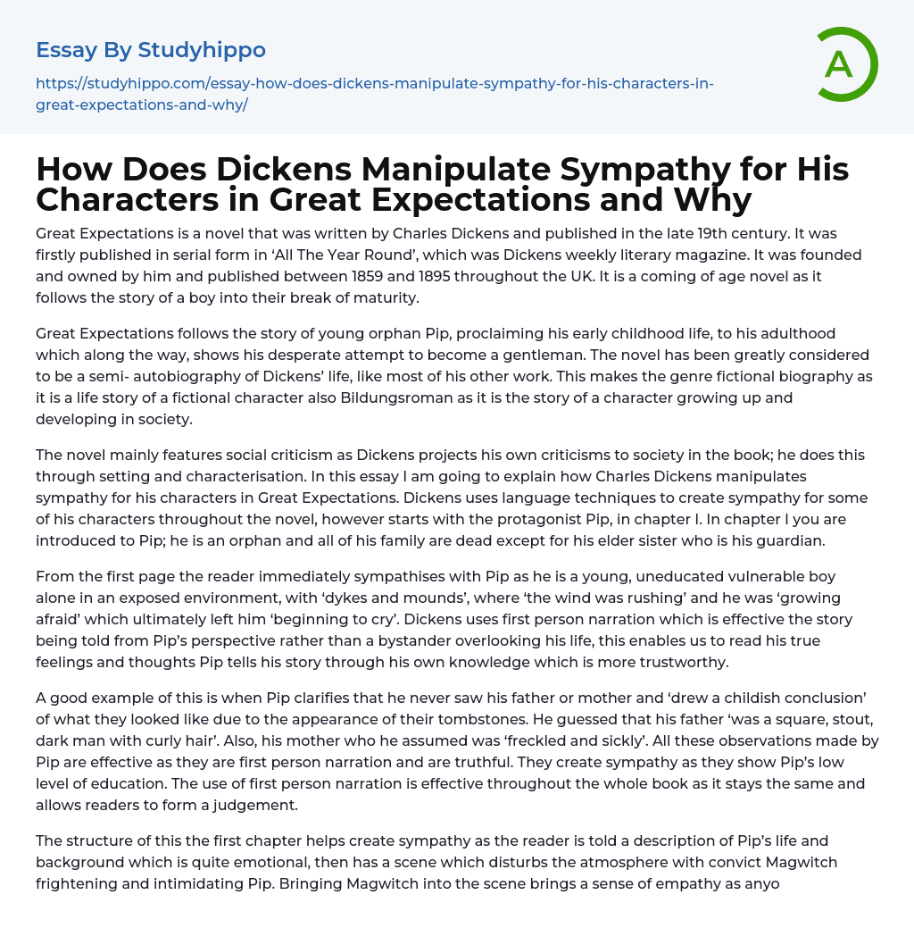 How Does Dickens Manipulate Sympathy for His Characters in Great Expectations and Why Essay Example