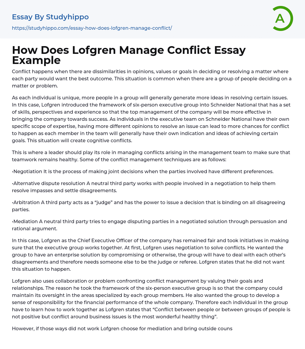 How Does Lofgren Manage Conflict Essay Example