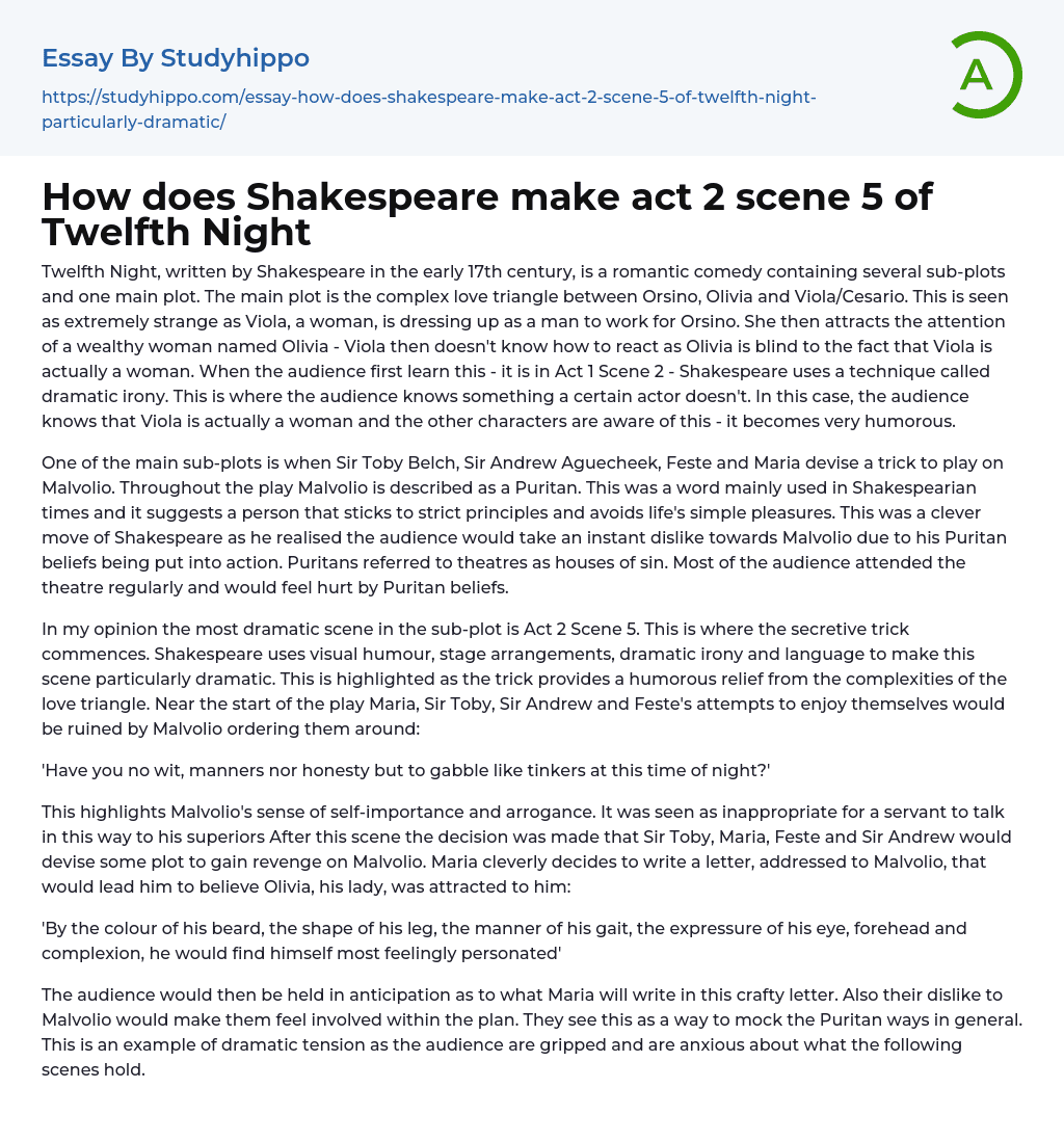 How does Shakespeare make act 2 scene 5 of Twelfth Night Essay Example