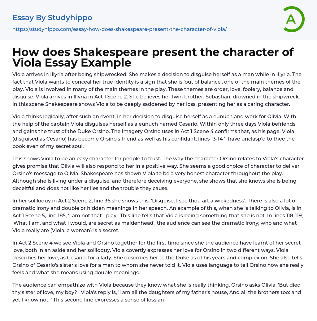 How does Shakespeare present the character of Viola Essay Example