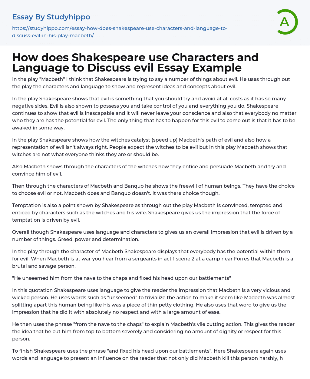 How does Shakespeare use Characters and Language to Discuss evil Essay Example