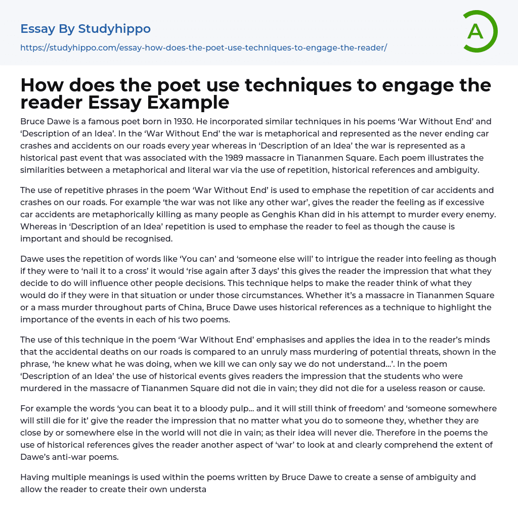 How does the poet use techniques to engage the reader Essay Example