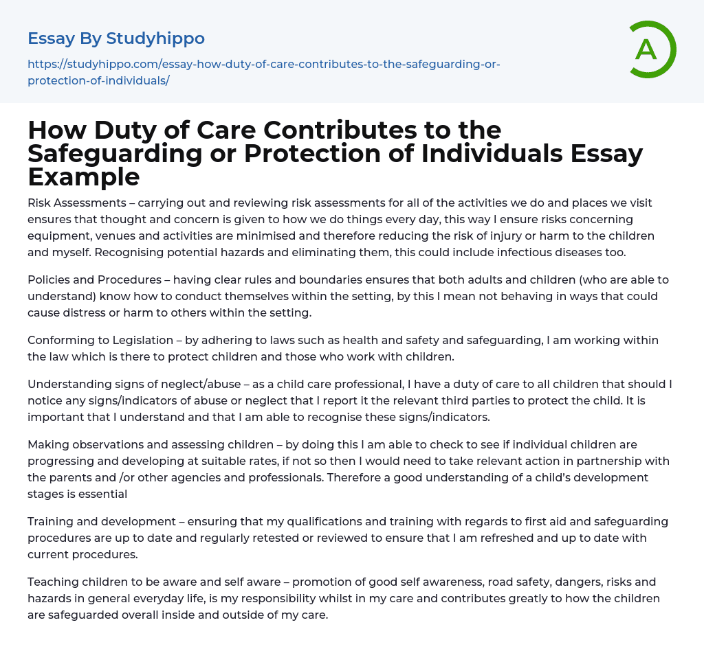 How Duty of Care Contributes to the Safeguarding or Protection of Individuals Essay Example