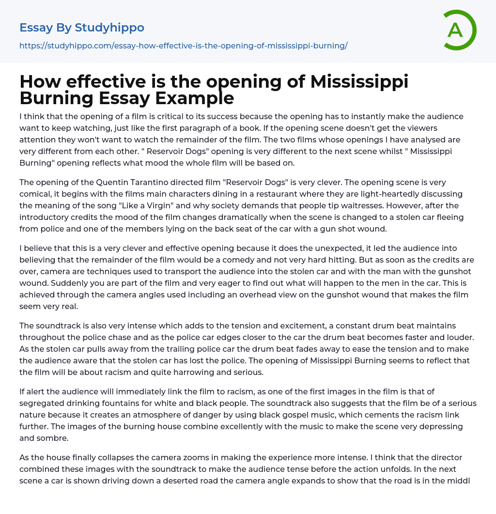 How effective is the opening of Mississippi Burning Essay Example