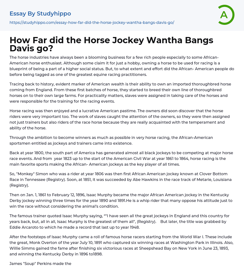 How Far did the Horse Jockey Wantha Bangs Davis go? Essay Example