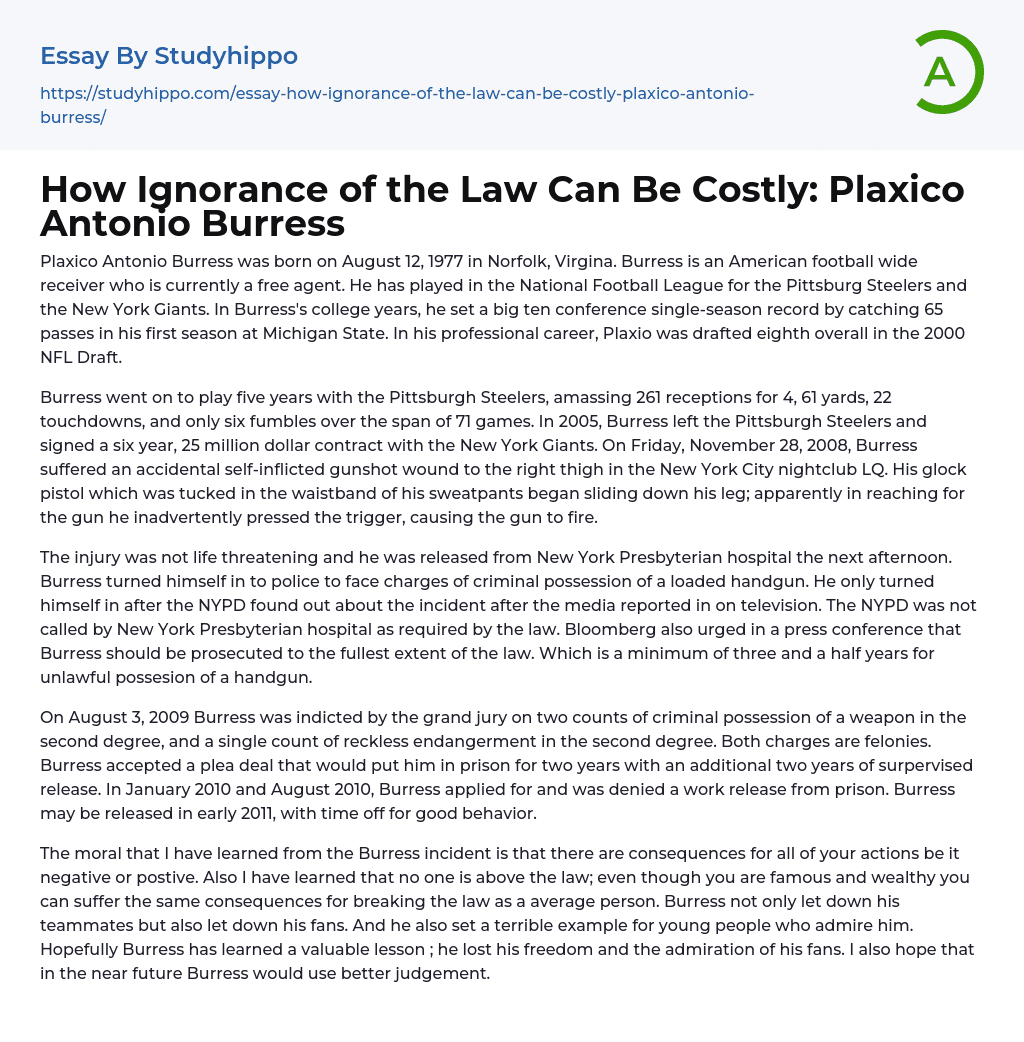 How Ignorance of the Law Can Be Costly: Plaxico Antonio Burress Essay Example