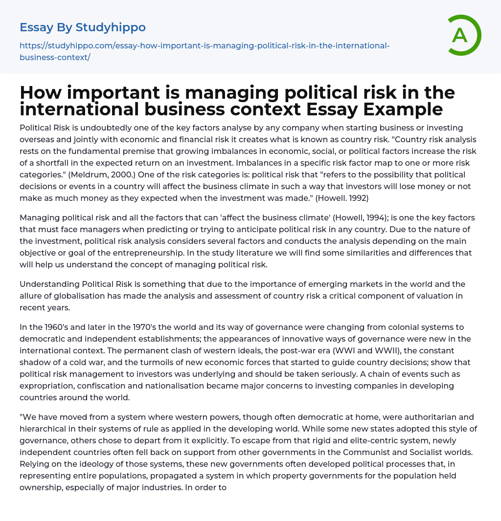 How important is managing political risk in the international business context Essay Example