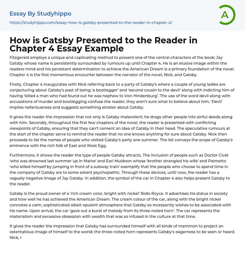 How is Gatsby Presented to the Reader in Chapter 4 Essay Example