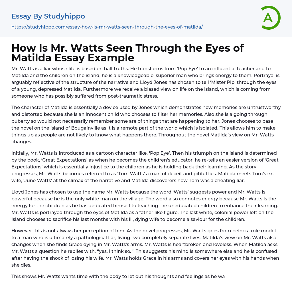 How Is Mr. Watts Seen Through the Eyes of Matilda Essay Example