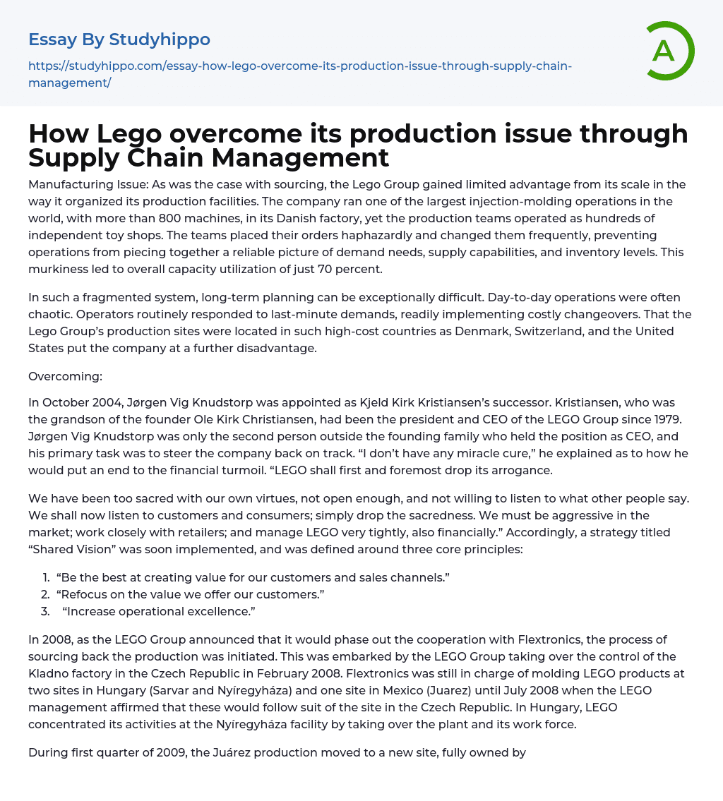 How Lego overcome its production issue through Supply Chain Management Essay Example