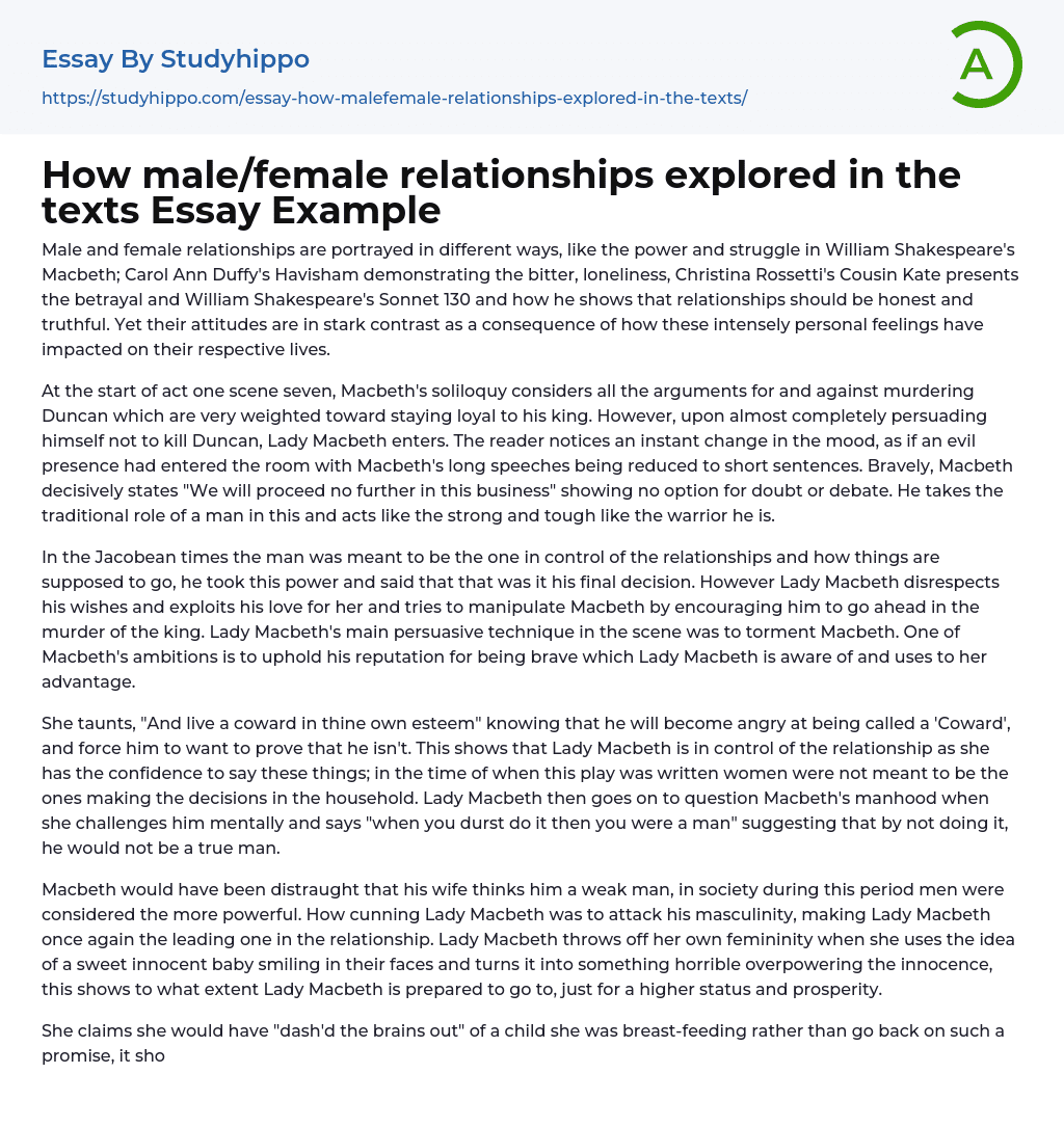 How male/female relationships explored in the texts Essay Example