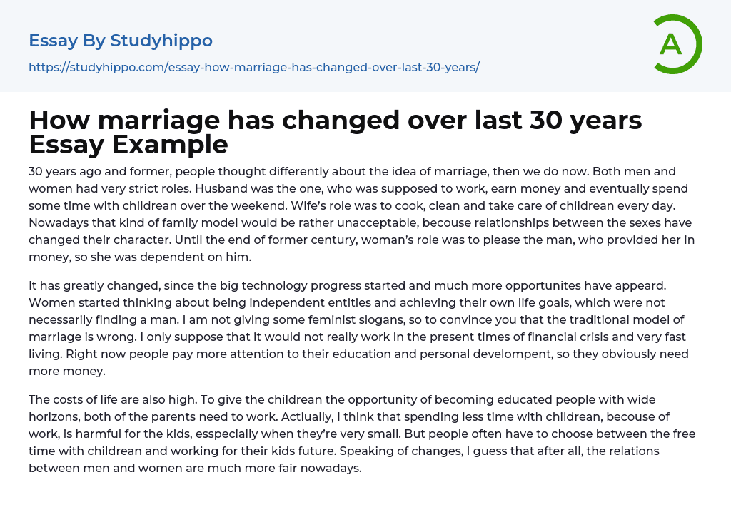 How marriage has changed over last 30 years Essay Example
