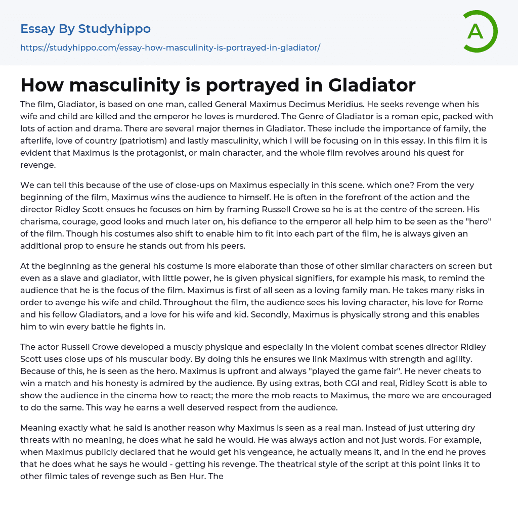 How masculinity is portrayed in Gladiator Essay Example