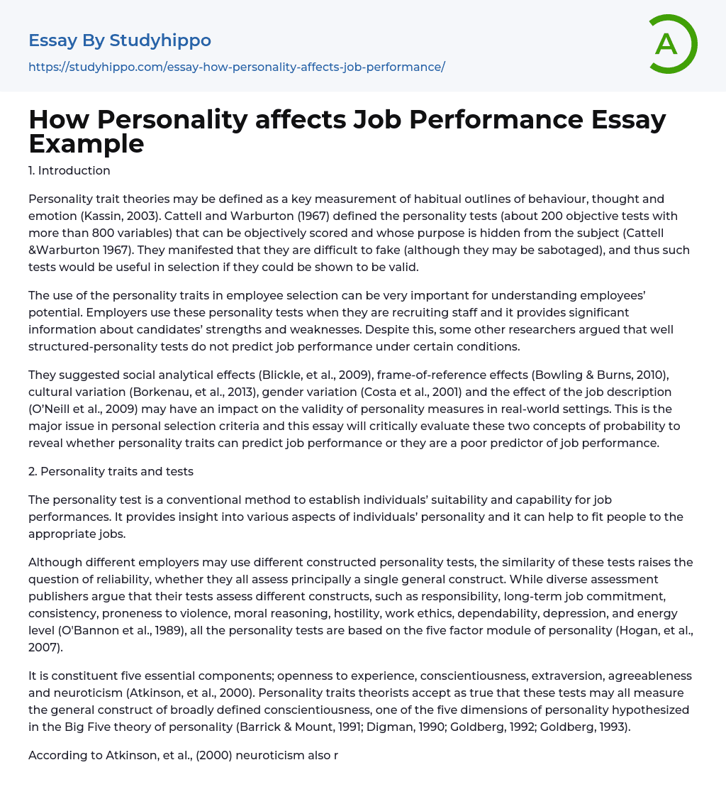 How Personality affects Job Performance Essay Example