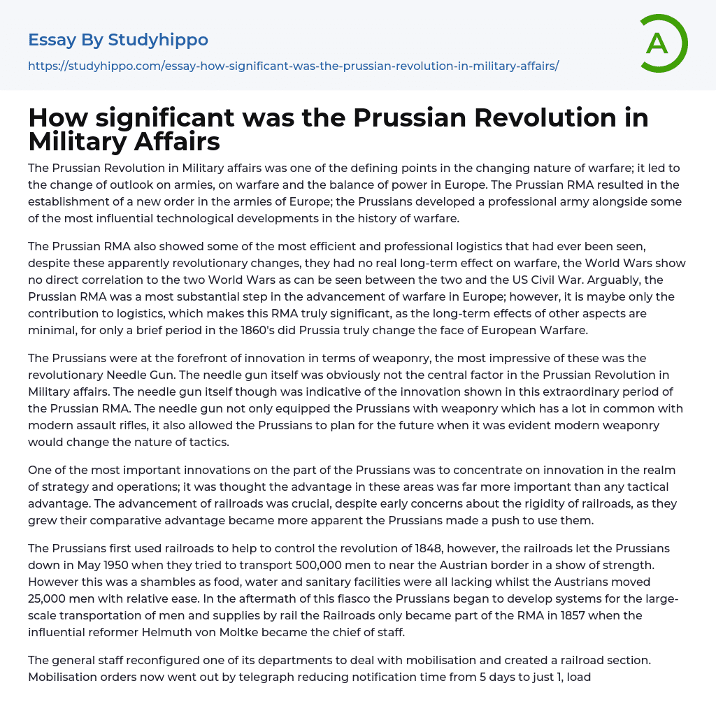 How significant was the Prussian Revolution in Military Affairs Essay Example