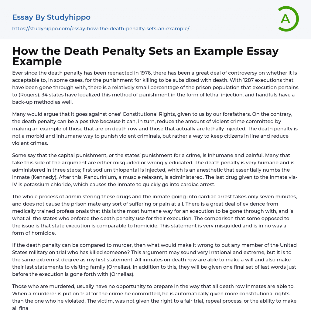 How the Death Penalty Sets an Example Essay Example