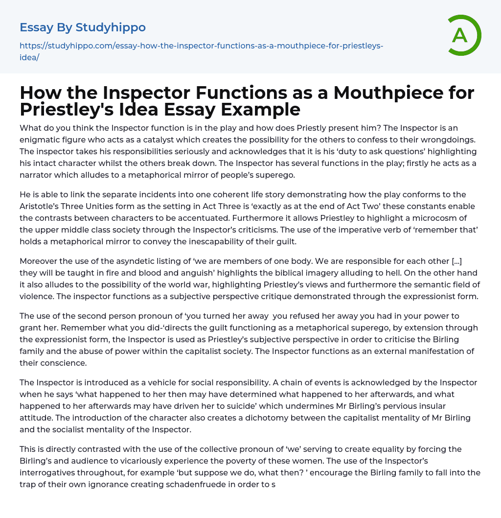 How the Inspector Functions as a Mouthpiece for Priestley’s Idea Essay Example