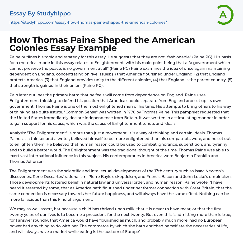 How Thomas Paine Shaped the American Colonies Essay Example