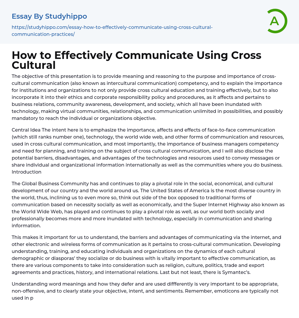 How to Effectively Communicate Using Cross Cultural Essay Example