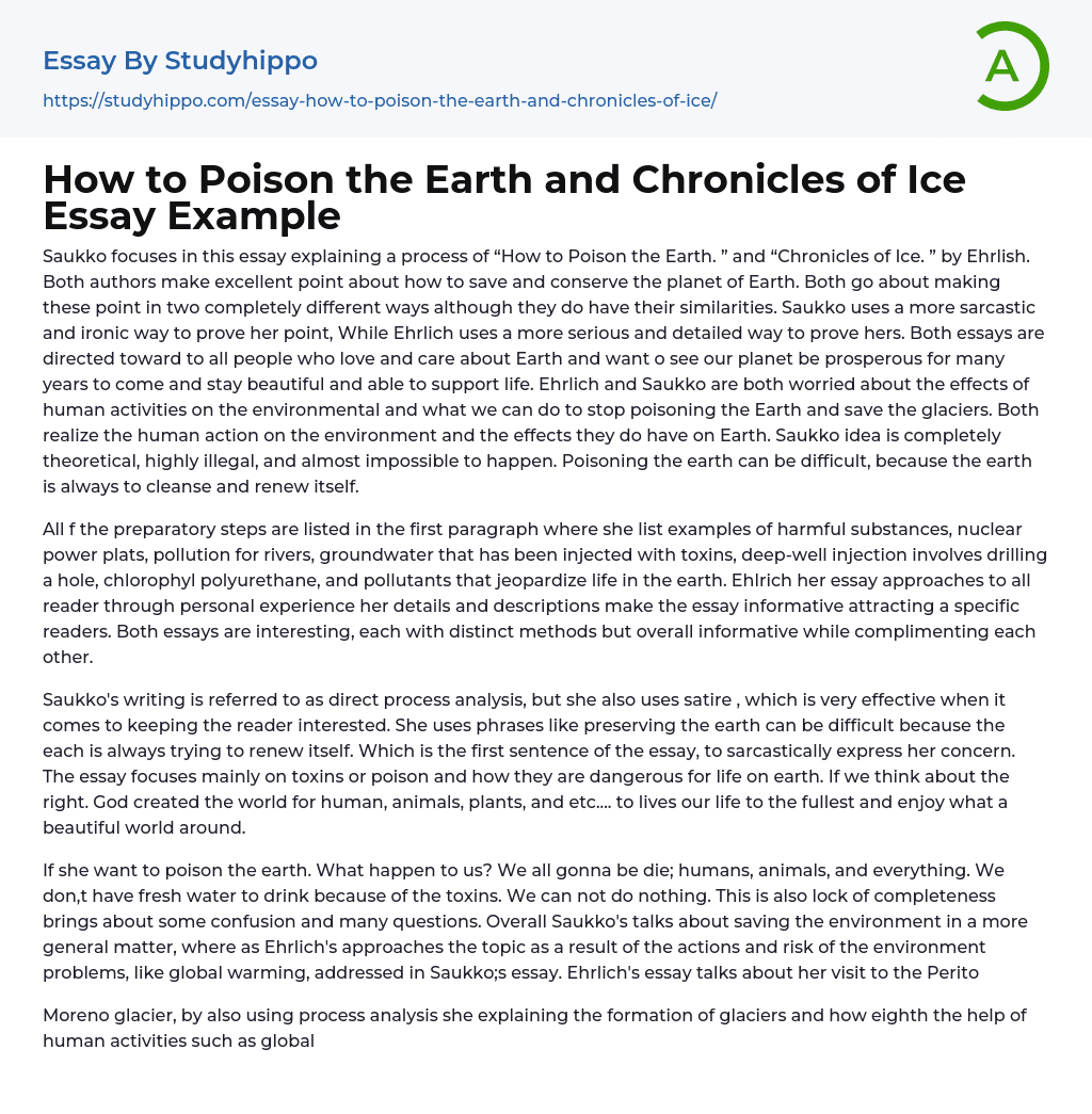 How to Poison the Earth and Chronicles of Ice Essay Example