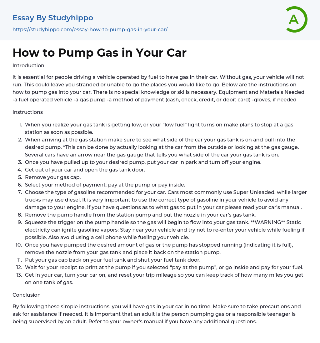 How to Pump Gas in Your Car Essay Example