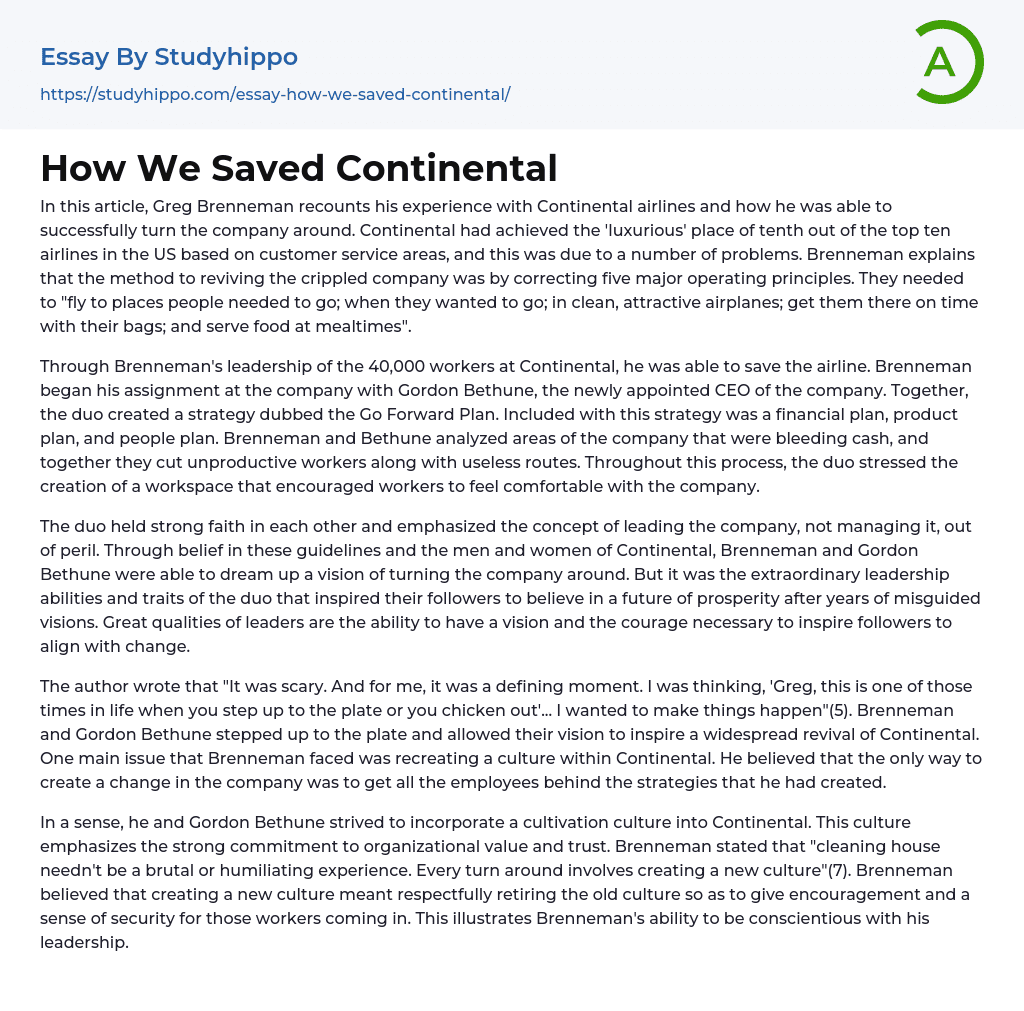 How We Saved Continental Essay Example