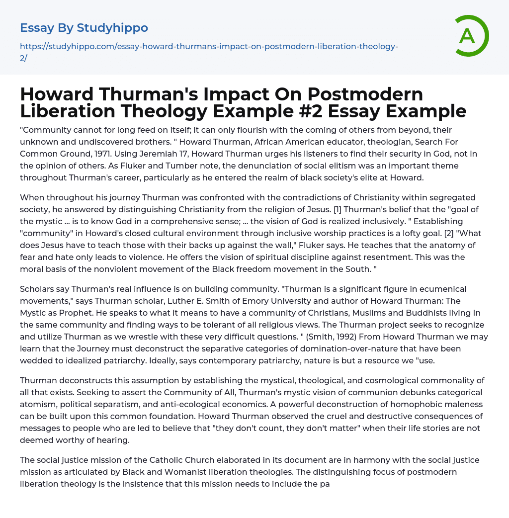 Howard Thurman’s Impact On Postmodern Liberation Theology Example #2 Essay Example