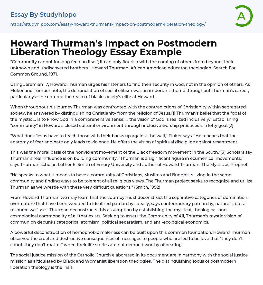 Howard Thurman’s Impact on Postmodern Liberation Theology Essay Example