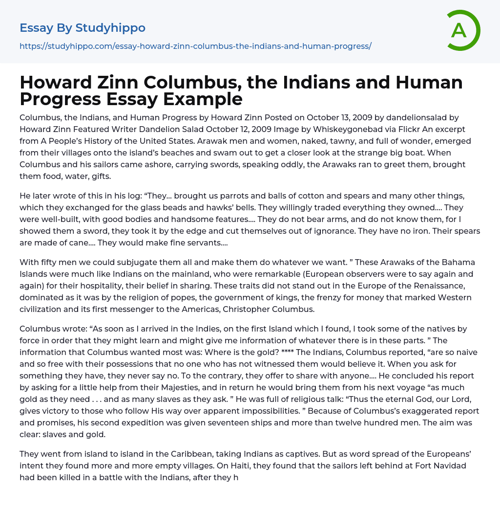 Howard Zinn Columbus, the Indians and Human Progress Essay Example