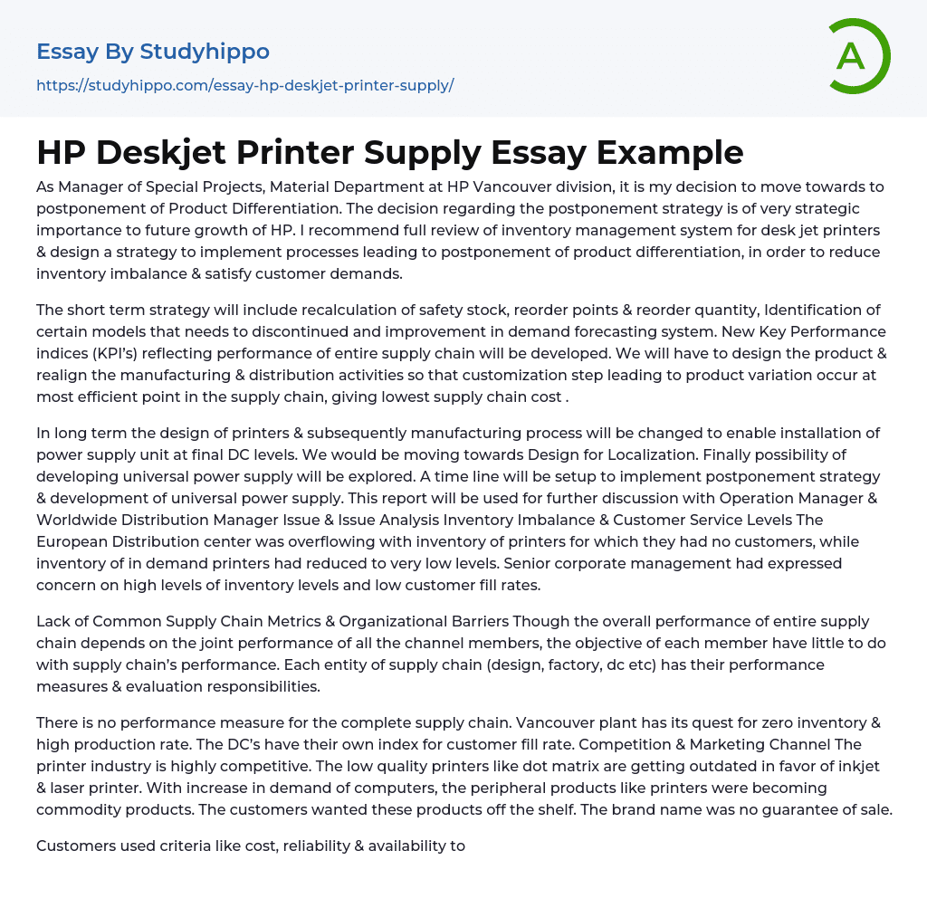 HP Deskjet Printer Supply Essay Example