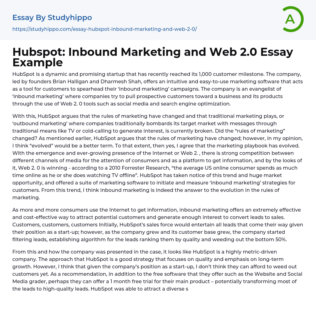 Hubspot: Inbound Marketing and Web 2.0 Essay Example