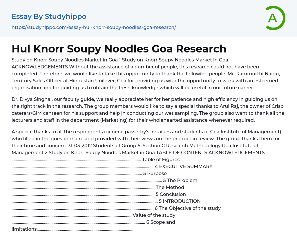 Hul Knorr Soupy Noodles Goa Research Essay Example