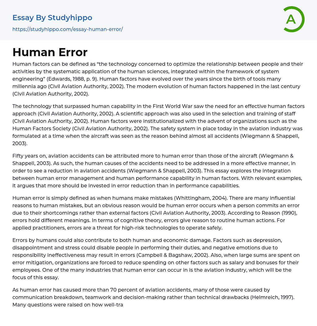 Human Error Essay Example