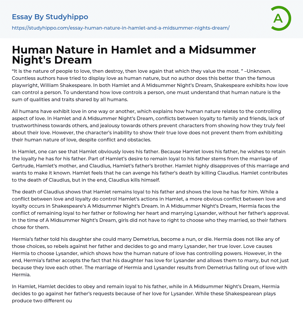 Human Nature in Hamlet and a Midsummer Night’s Dream Essay Example