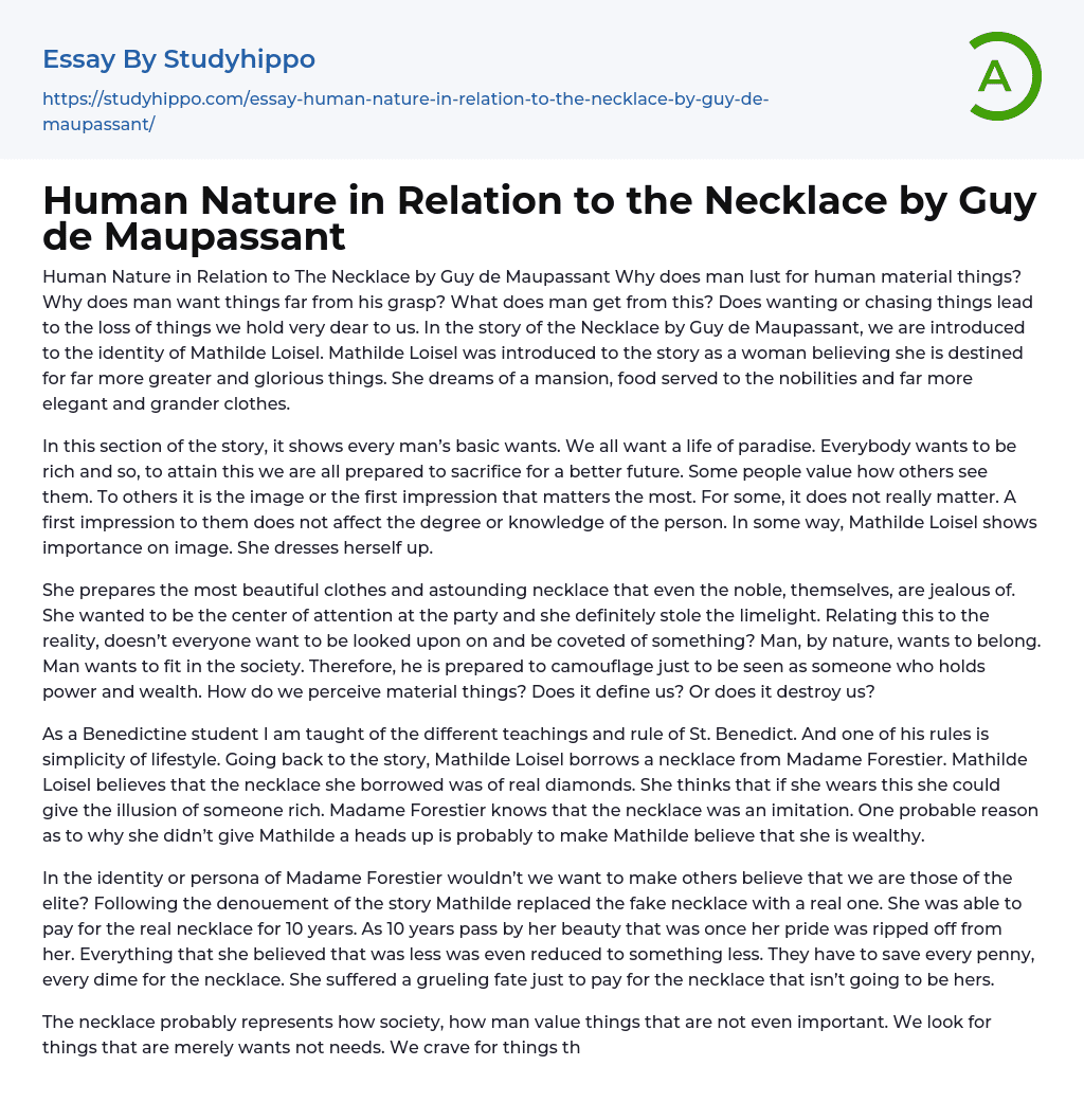 Human Nature in Relation to the Necklace by Guy de Maupassant Essay Example