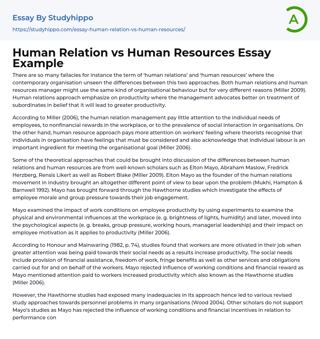 Human Relation vs Human Resources Essay Example