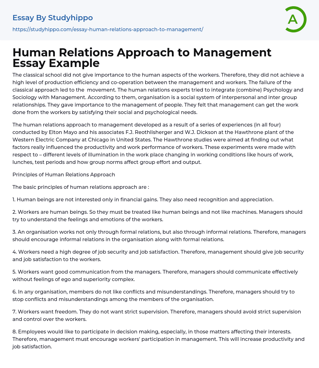 Human Relations Approach to Management Essay Example