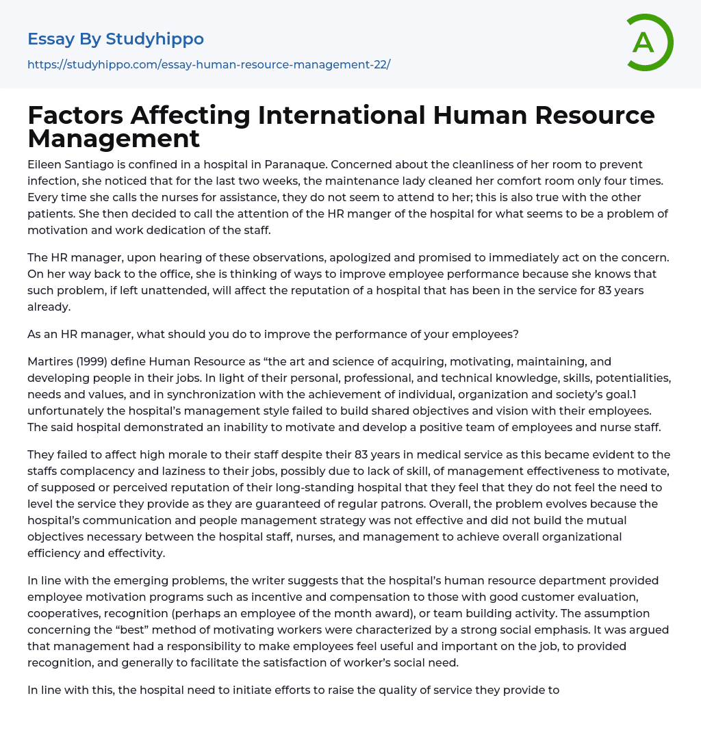 Factors Affecting International Human Resource Management Essay Example
