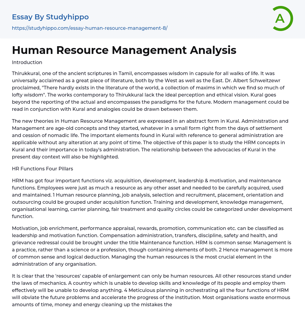 Human Resource Management Analysis Essay Example