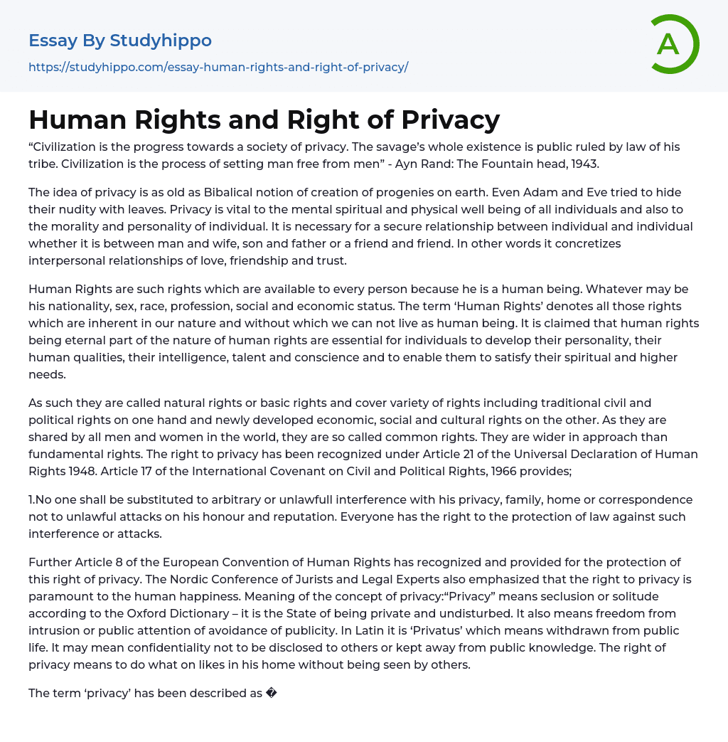 Human Rights and Right of Privacy Essay Example