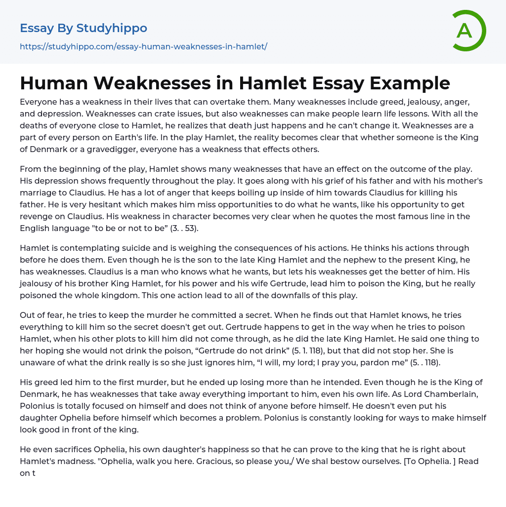 Human Weaknesses in Hamlet Essay Example