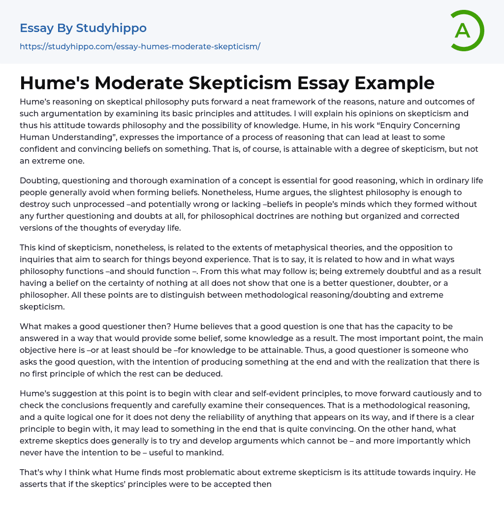 Hume’s Moderate Skepticism Essay Example