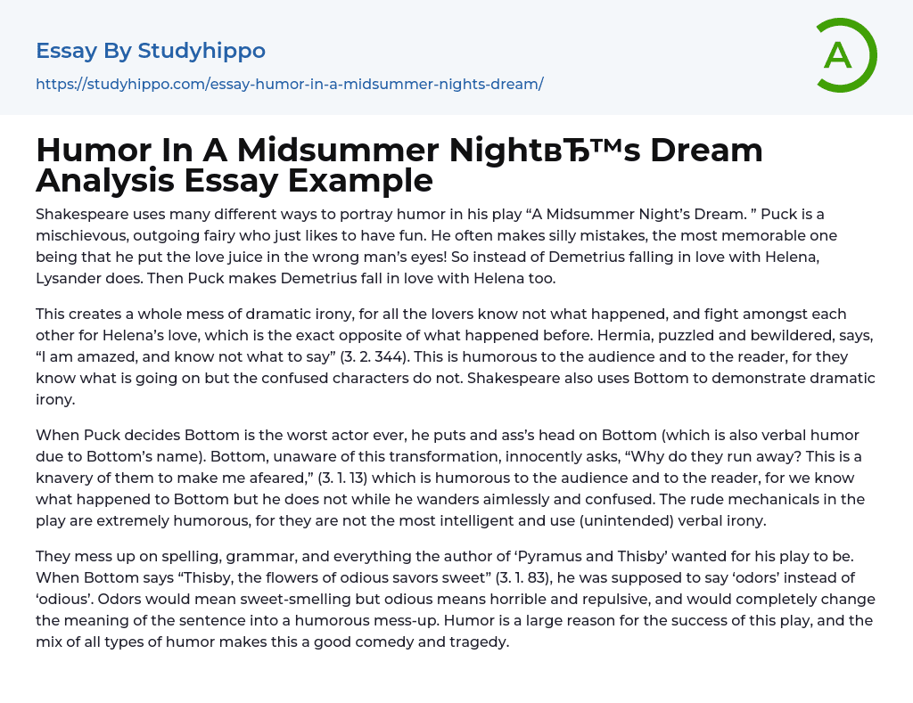 Humor In A Midsummer NightвЂ™s Dream Analysis Essay Example